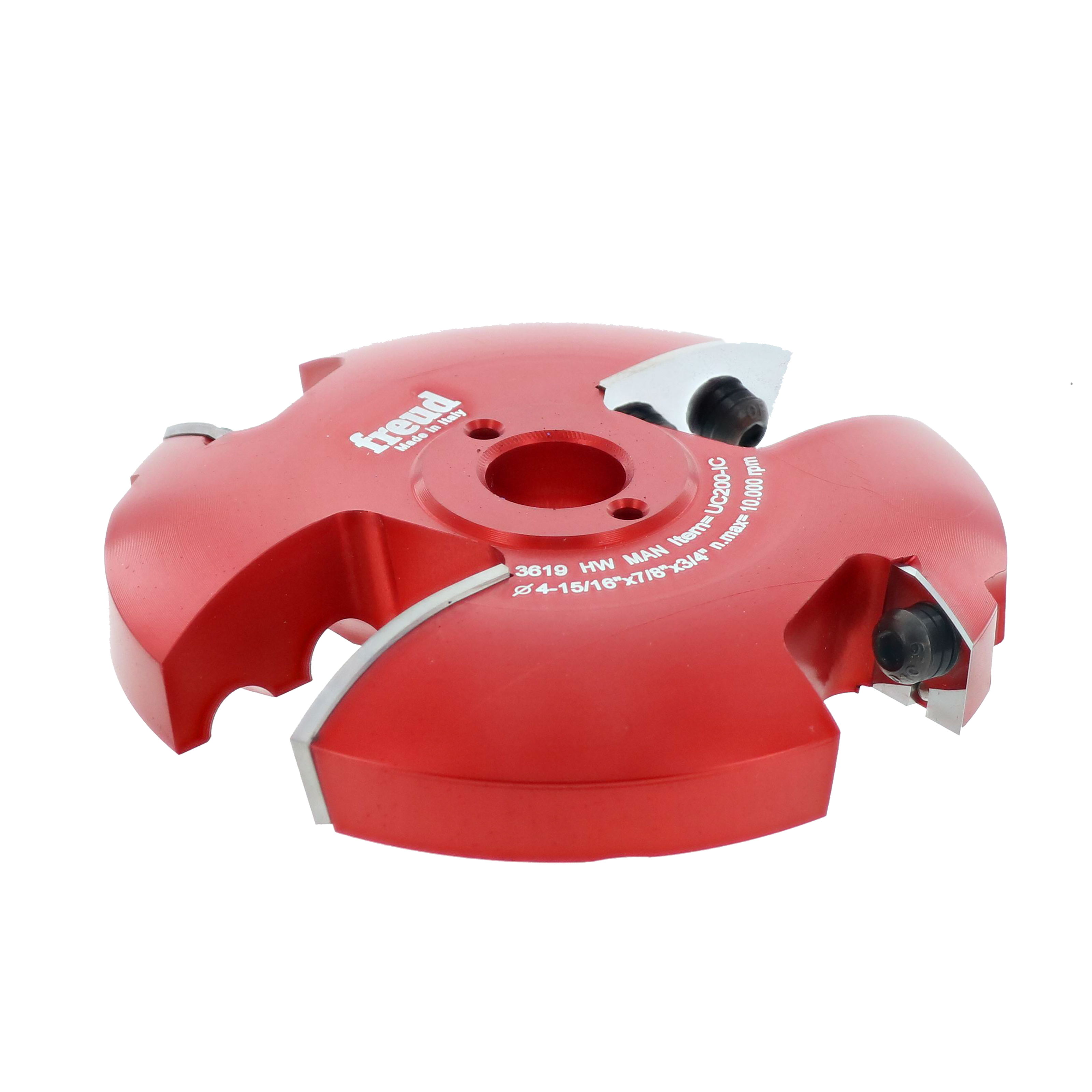 Red router cutter head with central bore hole and four cutting inserts mounted on sides.