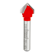 Metal V-groove router bit with red cutting head and silver shaft marked with Freud branding.