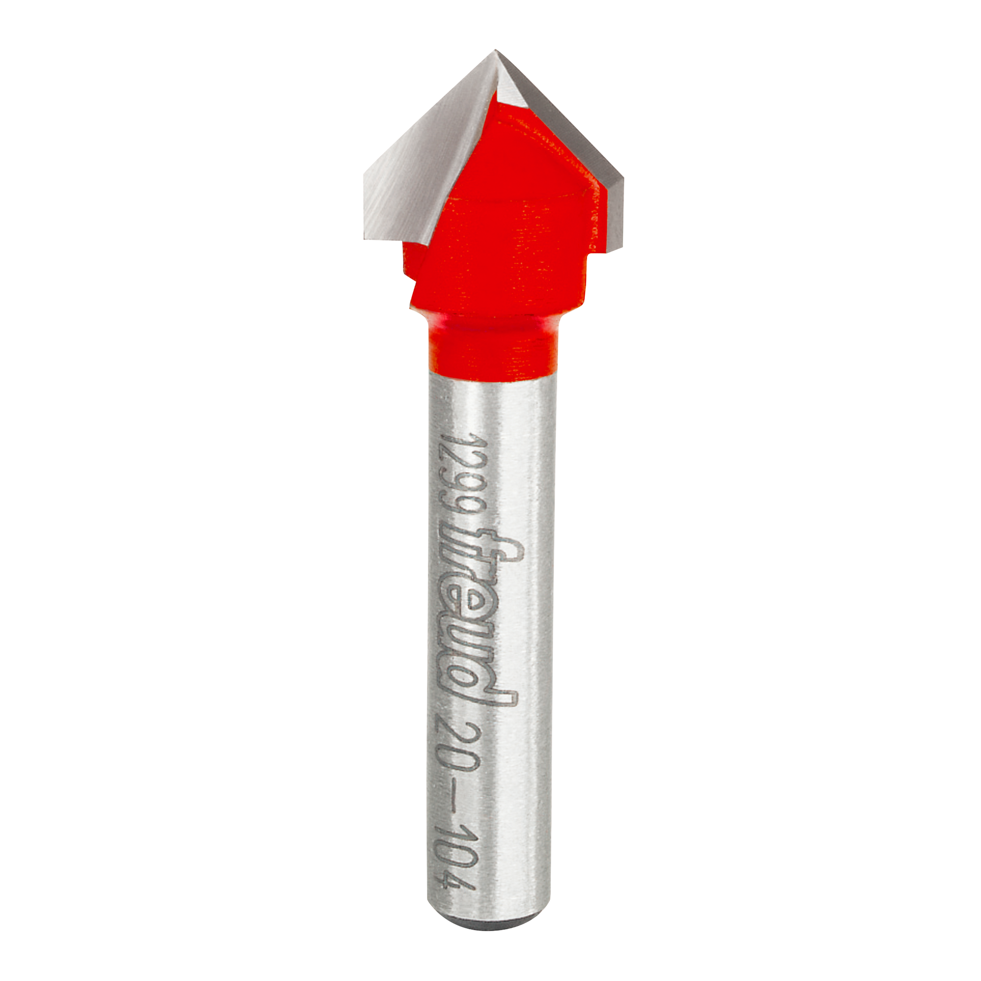 Metal V-groove router bit with red cutting head and silver shaft marked with Freud branding.