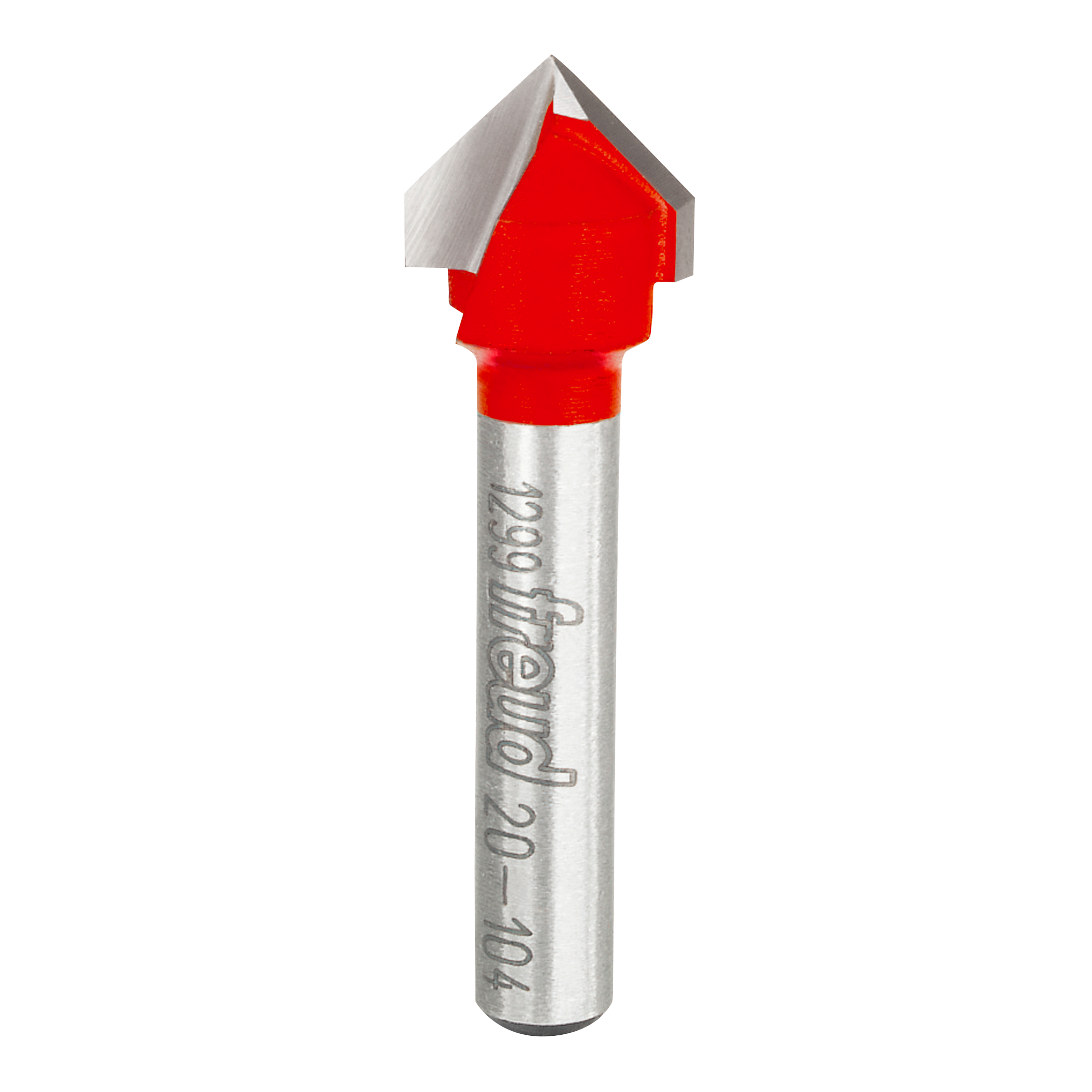 Metal V-groove router bit with red cutting head and silver shaft marked with Freud branding.