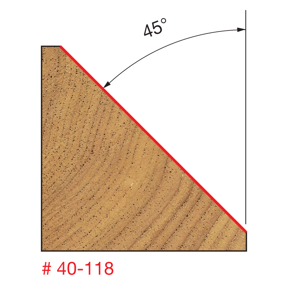 45-degree chamfer bit shown cutting a beveled edge into wood with red cutting surface visible.