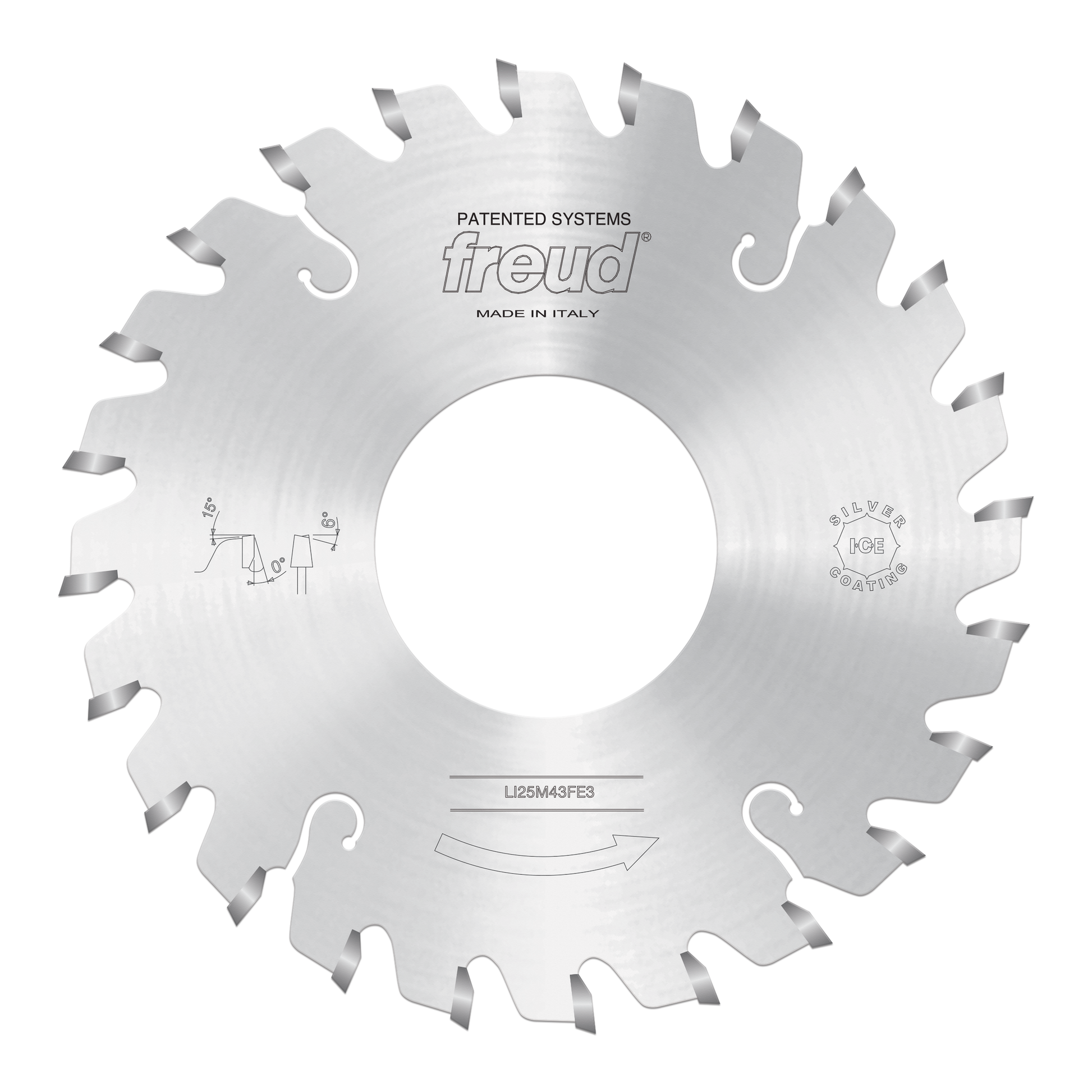 Circular saw blade with multiple conical teeth around the edge, center hole, and Freud branding, made in Italy.