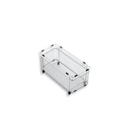 Rectangular stainless steel mesh colander with silver handles and black feet.