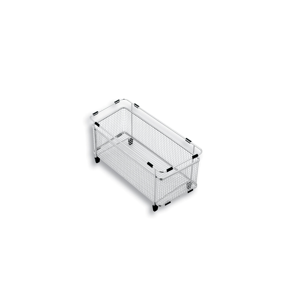 Rectangular stainless steel mesh colander with silver handles and black feet.