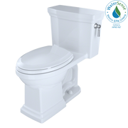 White elongated one-piece toilet with soft-close seat, right-hand lever, and WaterSense certification badge visible.
