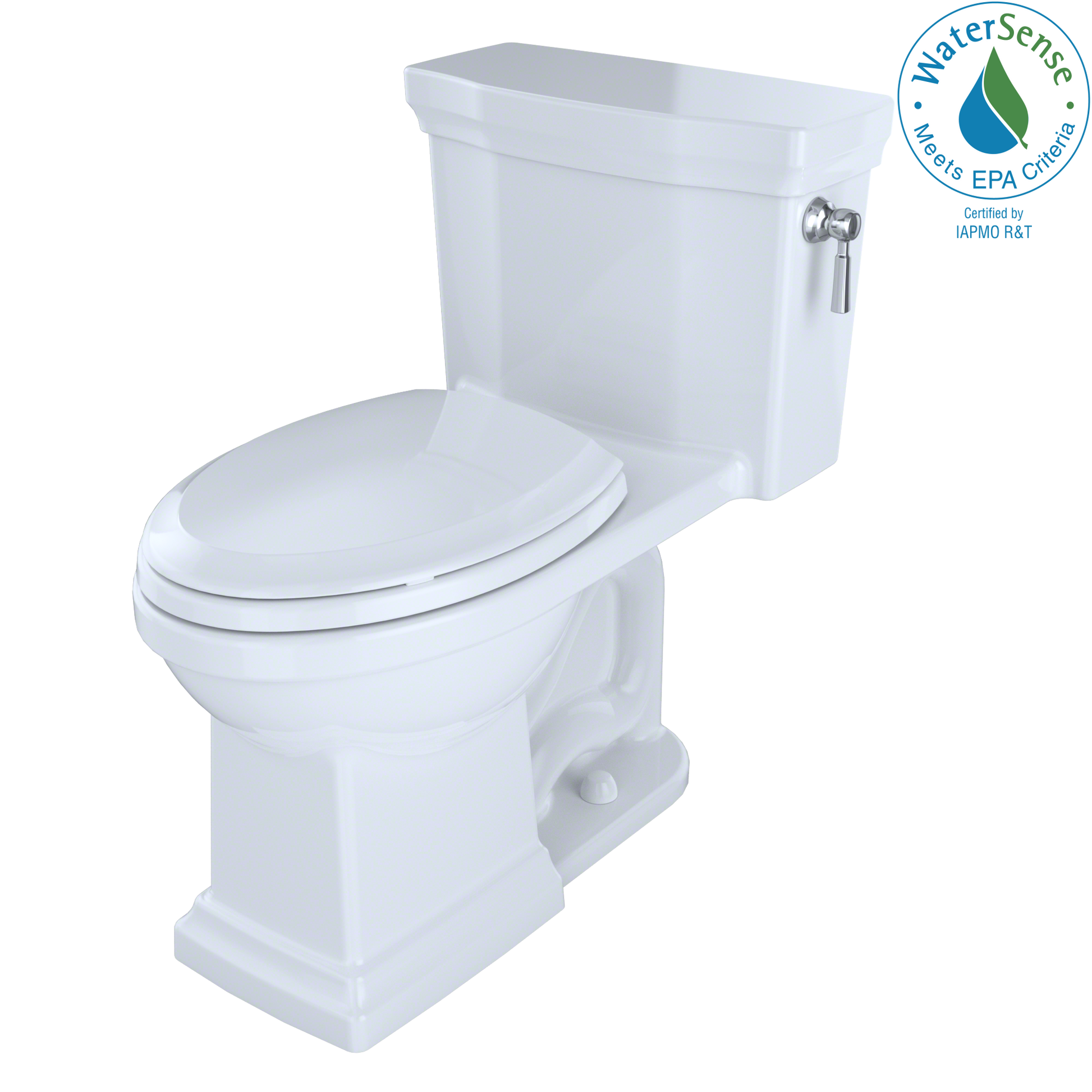 White elongated one-piece toilet with soft-close seat, right-hand lever, and WaterSense certification badge visible.