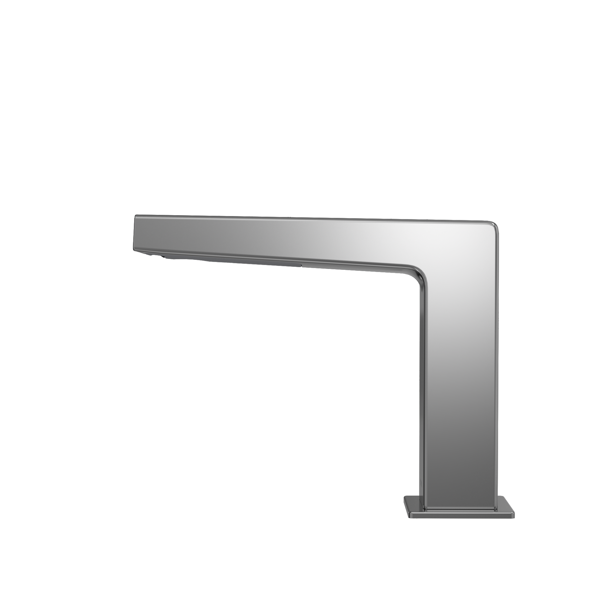 Polished chrome touchless bathroom faucet with curved spout and rectangular base.