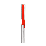 Silver and red double flute straight router bit with cylindrical shank and cutting edges.