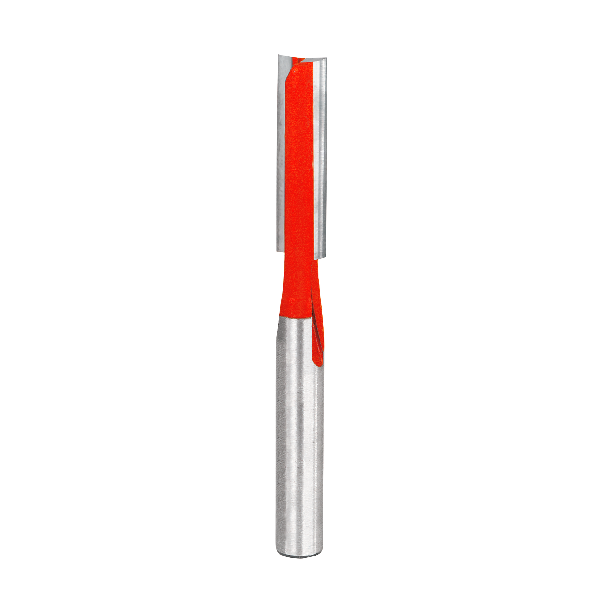 Silver and red double flute straight router bit with cylindrical shank and cutting edges.