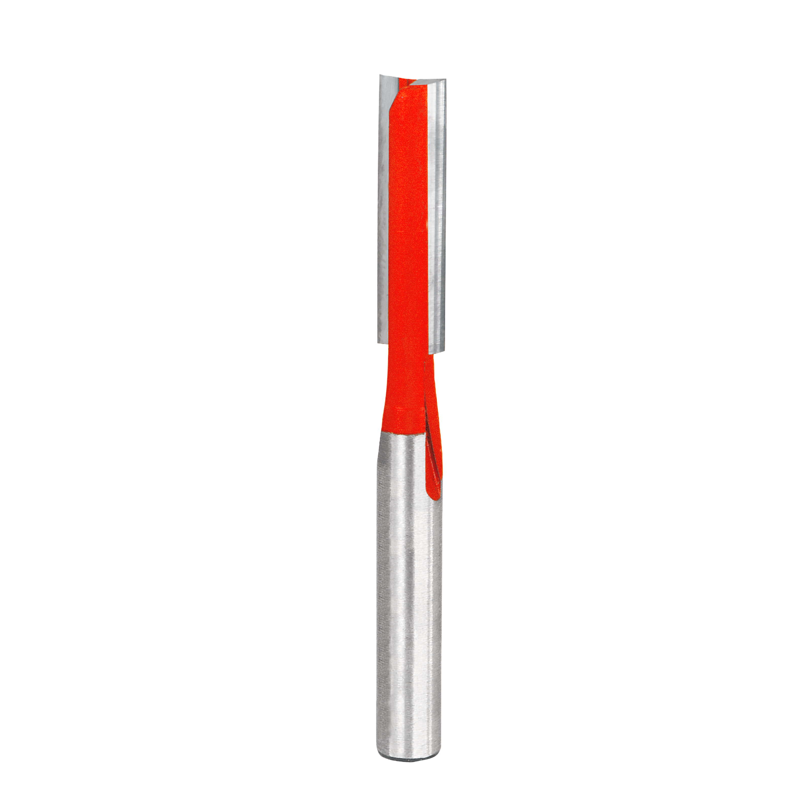 Silver and red double flute straight router bit with cylindrical shank and cutting edges.