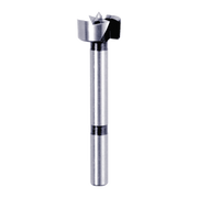 Silver Forstner bit with cylindrical shaft and flat cutting head with center point and surrounding cutting edges.