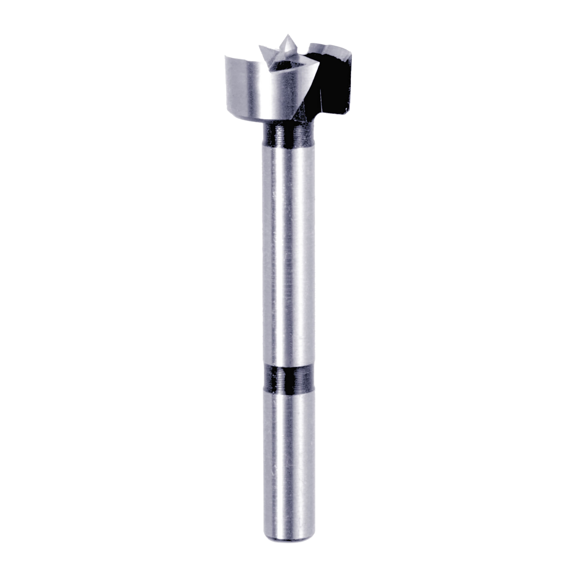 Silver Forstner bit with cylindrical shaft and flat cutting head with center point and surrounding cutting edges.