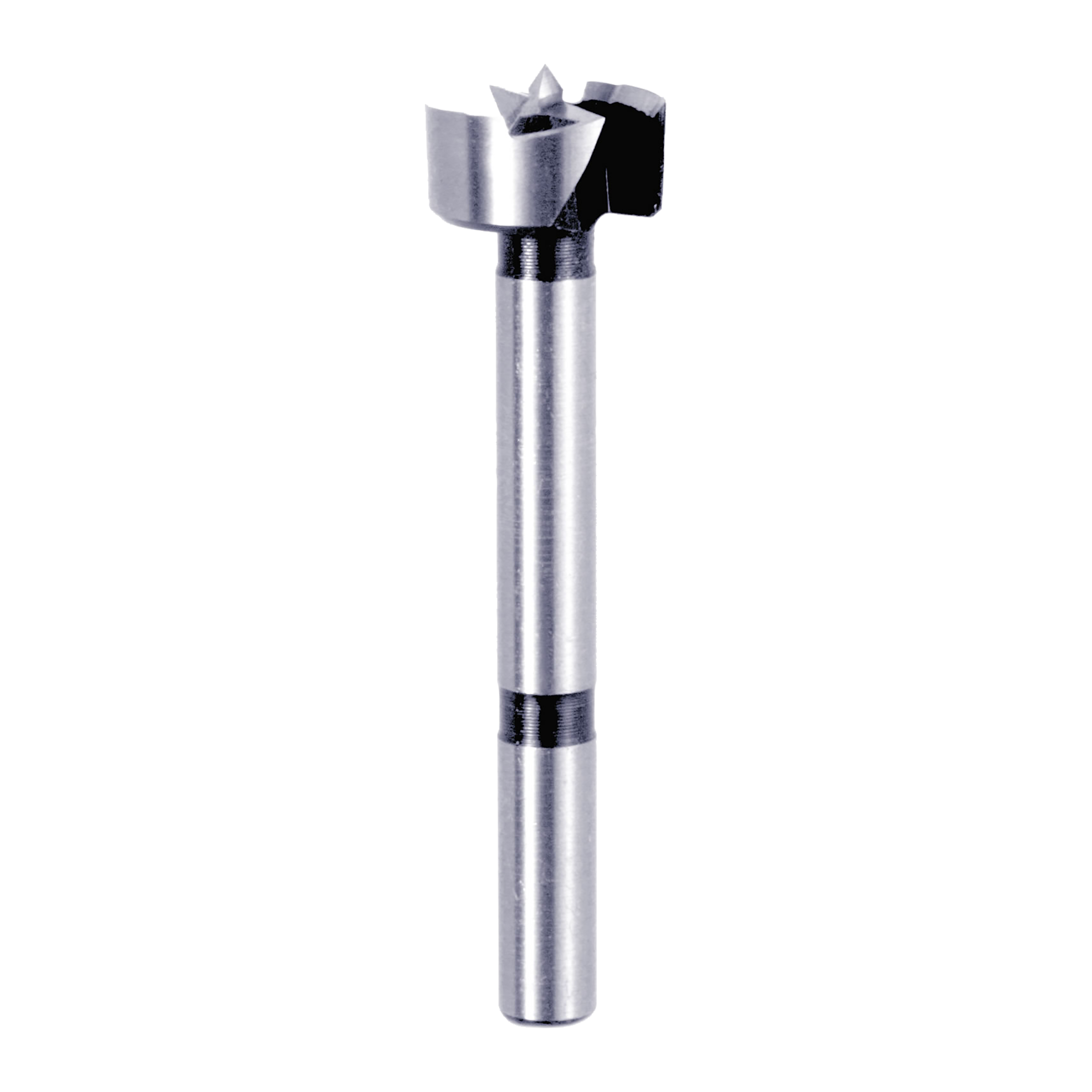 Silver Forstner bit with cylindrical shaft and flat cutting head with center point and surrounding cutting edges.