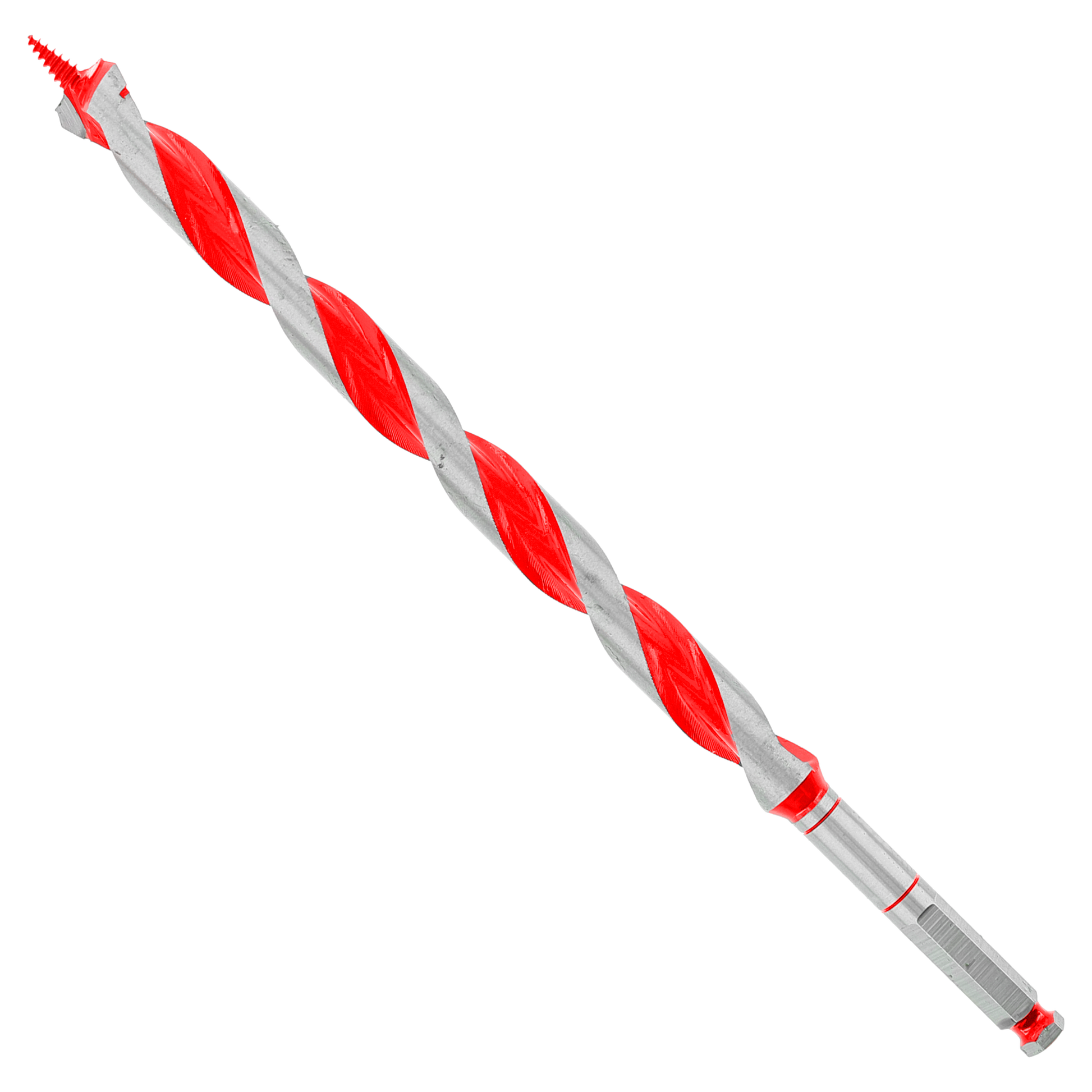 Red and gray spiral auger bit with sharp point and hexagonal shank for drilling.
