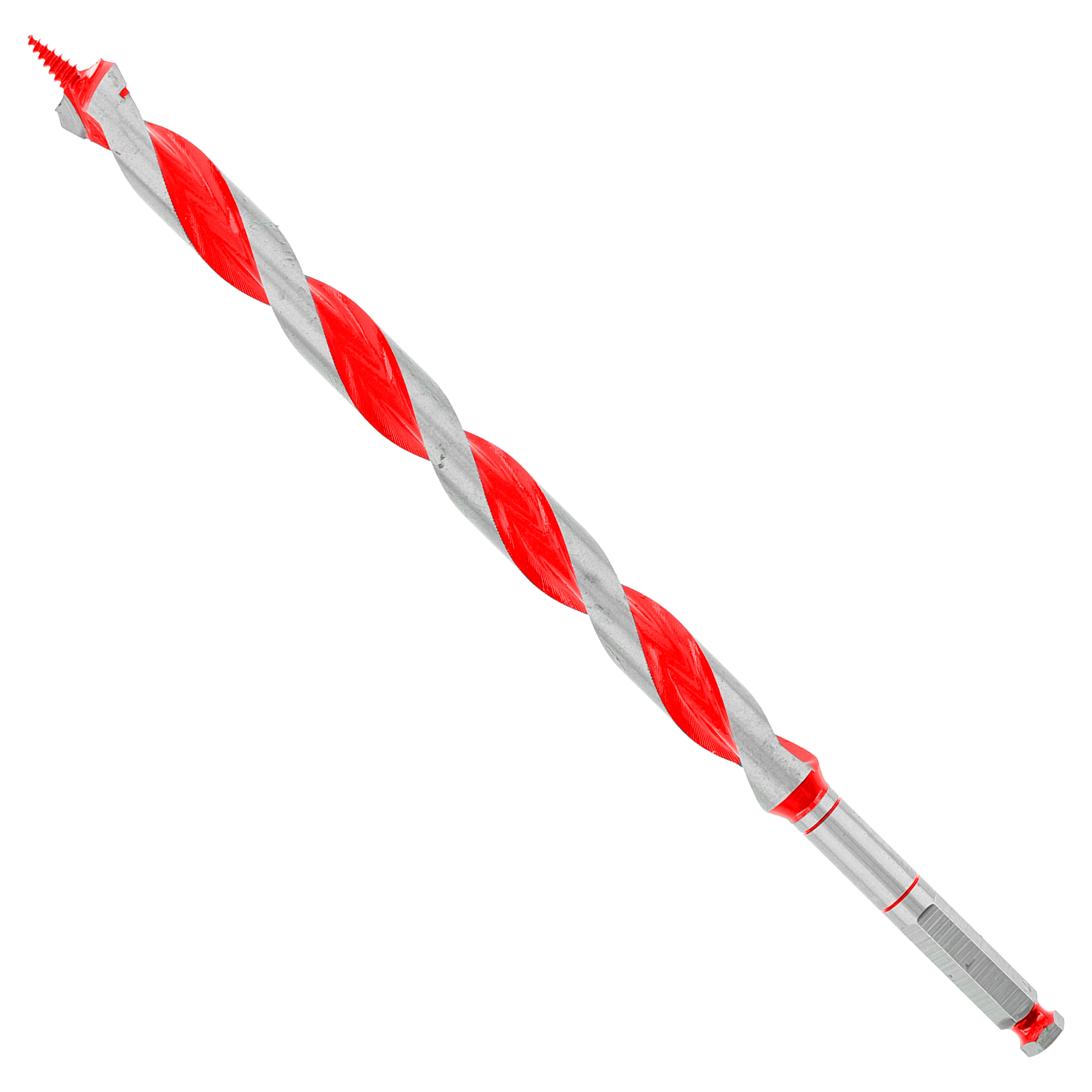 Red and gray spiral auger bit with sharp point and hexagonal shank for drilling.