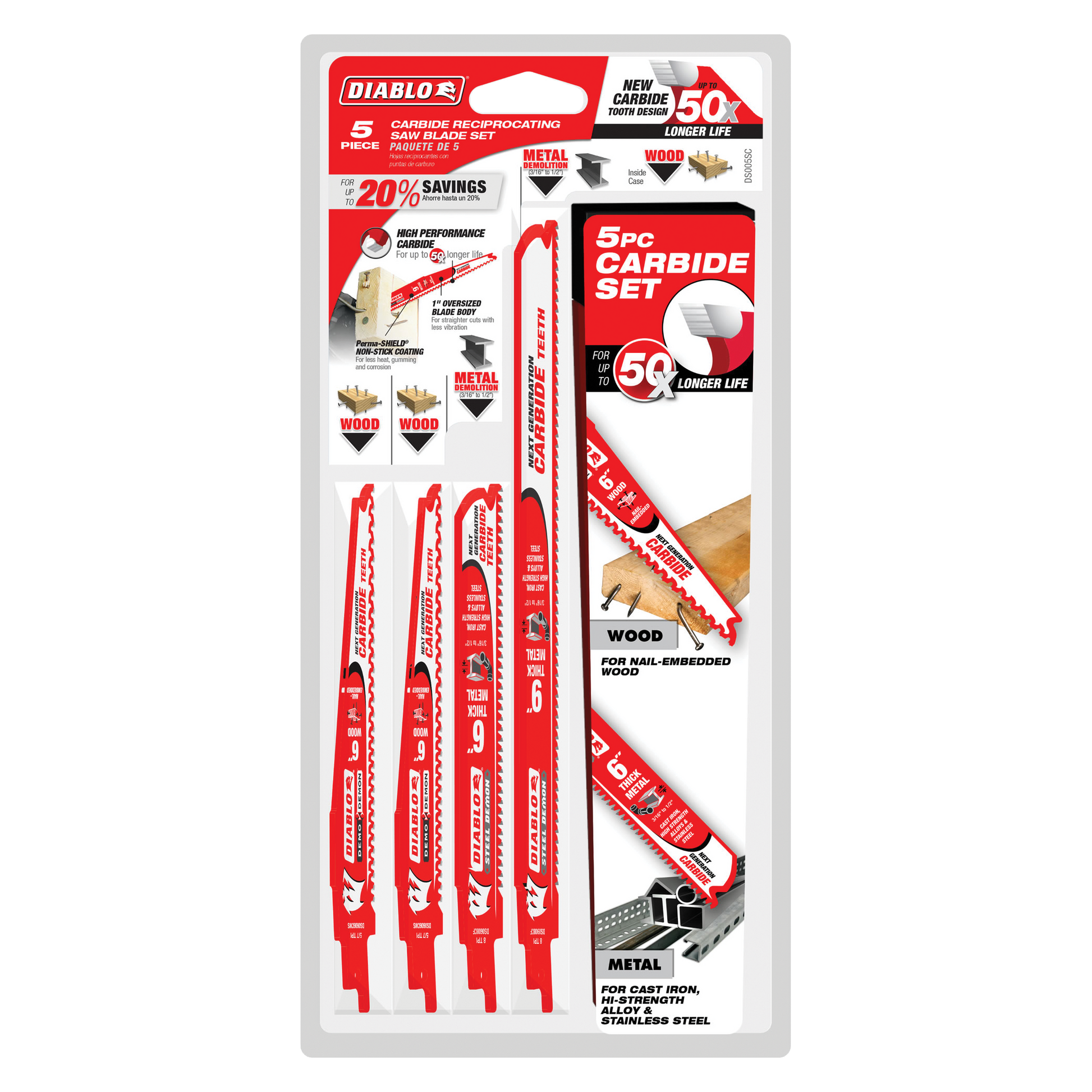 Five red and white Diablo carbide reciprocating saw blades on clear packaging with metal and wood cutting application indicat