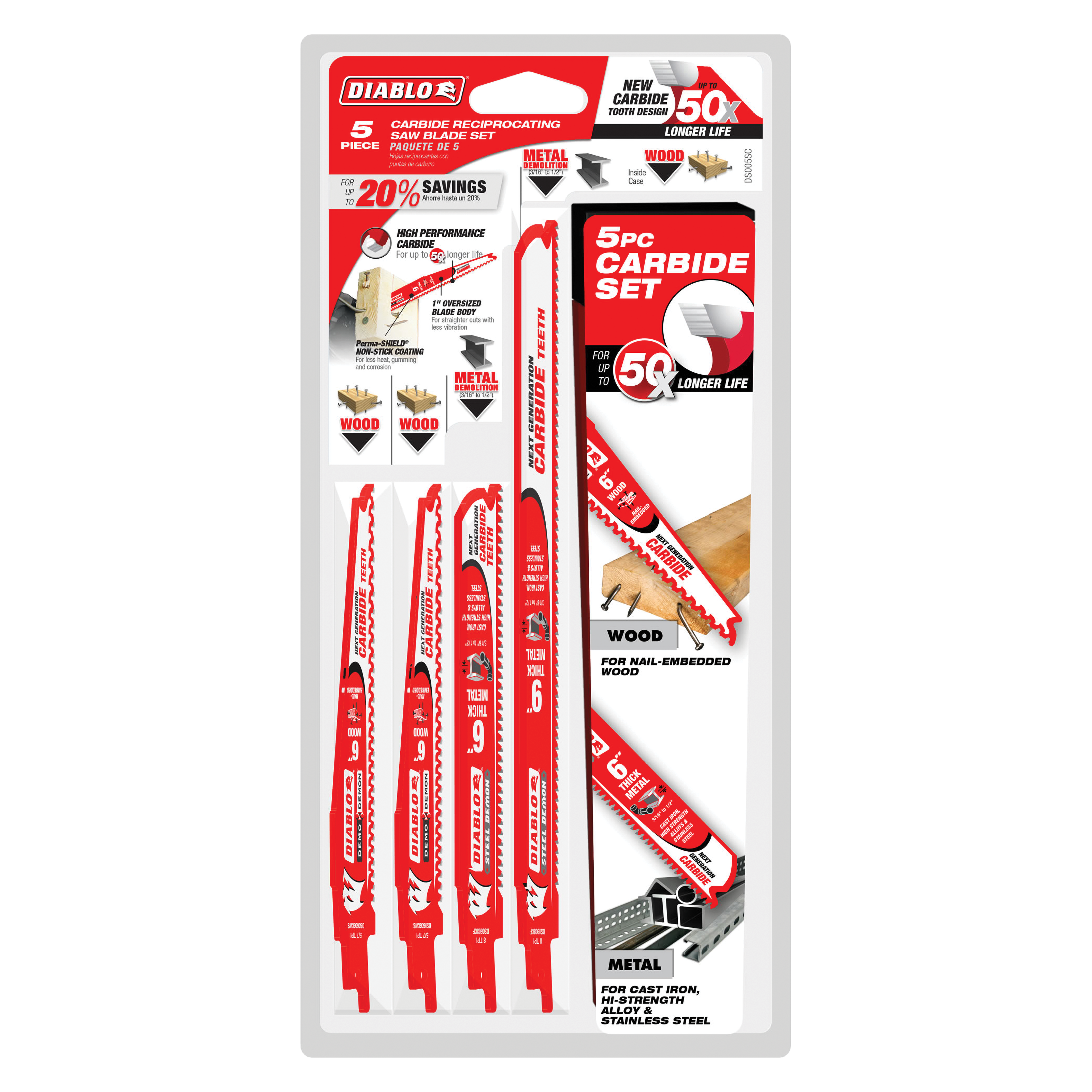 Five red and white Diablo carbide reciprocating saw blades on clear packaging with metal and wood cutting application indicat