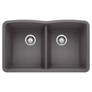 Cinder gray double bowl undermount sink with two chrome drain strainers and rounded edges.