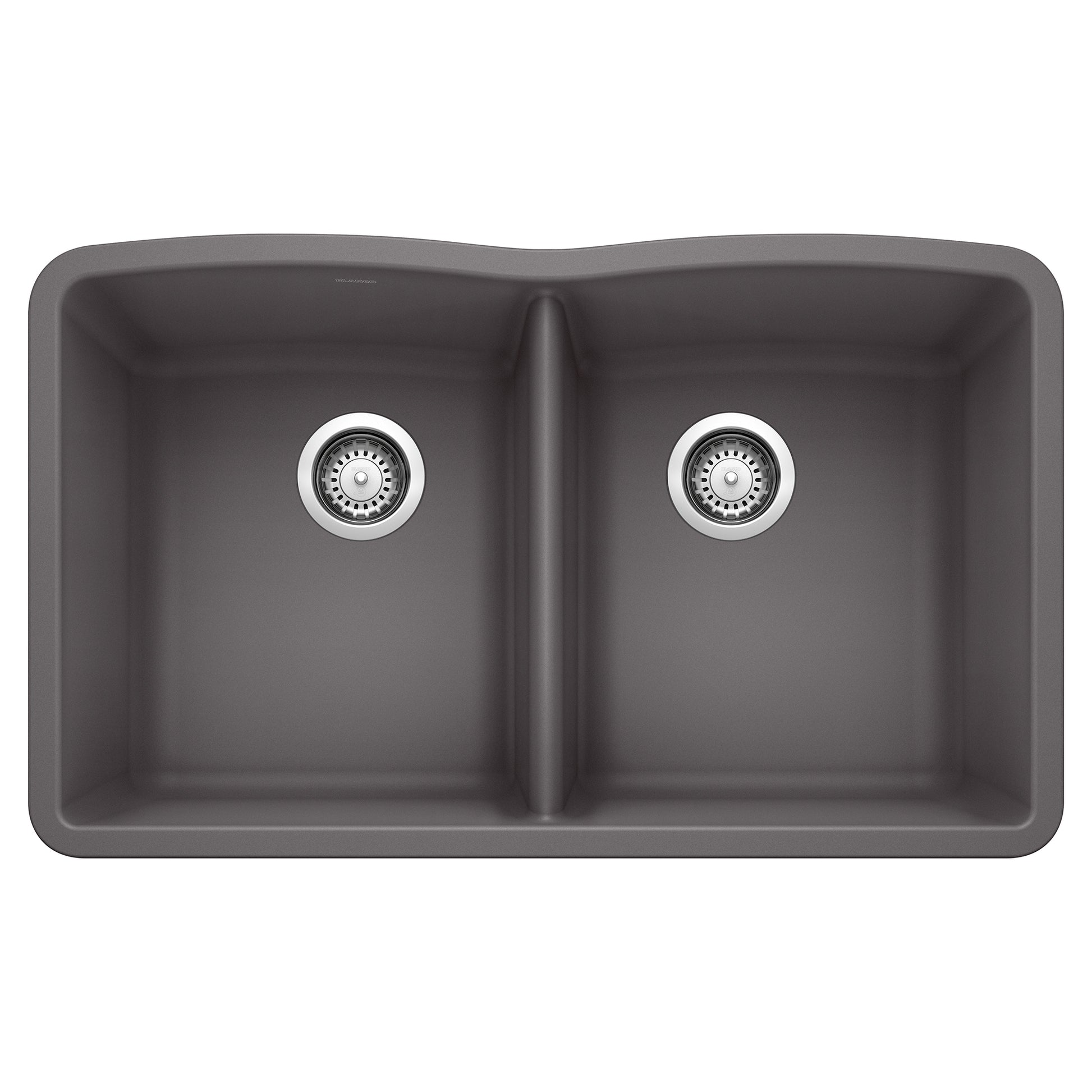 Cinder gray double bowl undermount sink with two chrome drain strainers and rounded edges.
