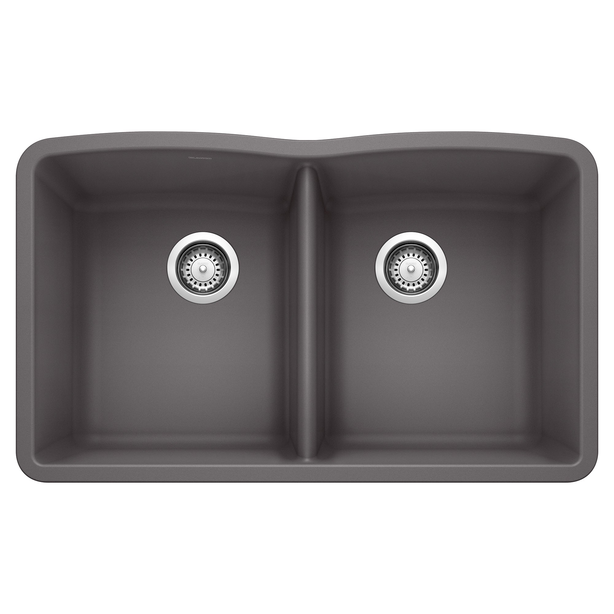 Cinder gray double bowl undermount sink with two chrome drain strainers and rounded edges.