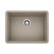 Truffle-colored single bowl kitchen sink with rounded corners and chrome drain strainer, top view.