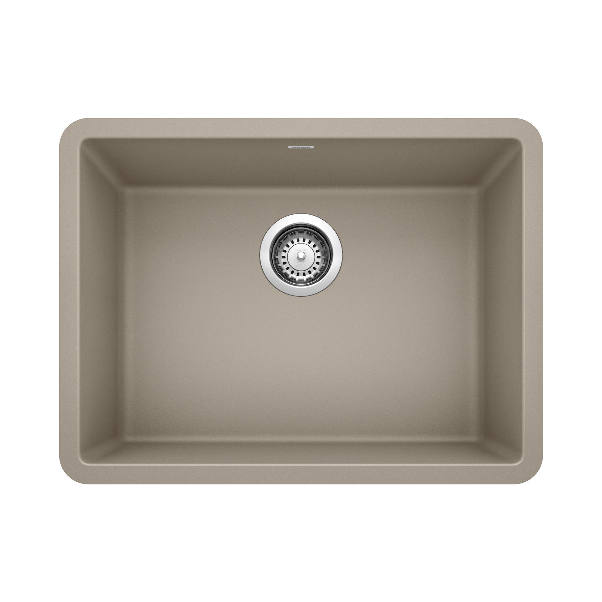 Truffle-colored single bowl kitchen sink with rounded corners and chrome drain strainer, top view.