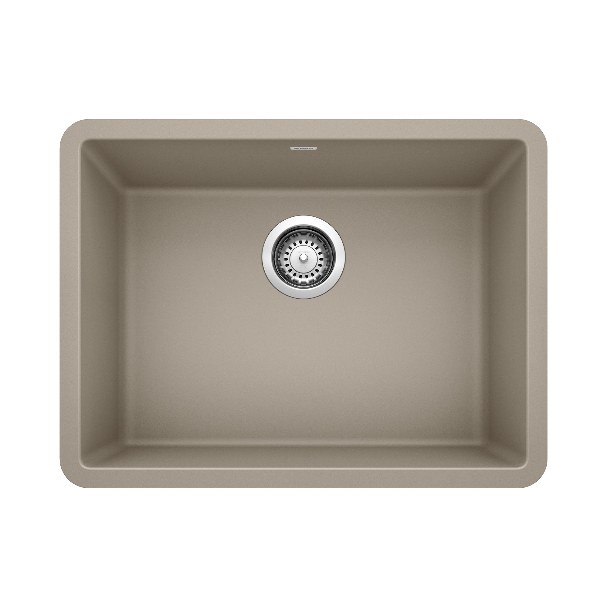 Truffle-colored single bowl kitchen sink with rounded corners and chrome drain strainer, top view.