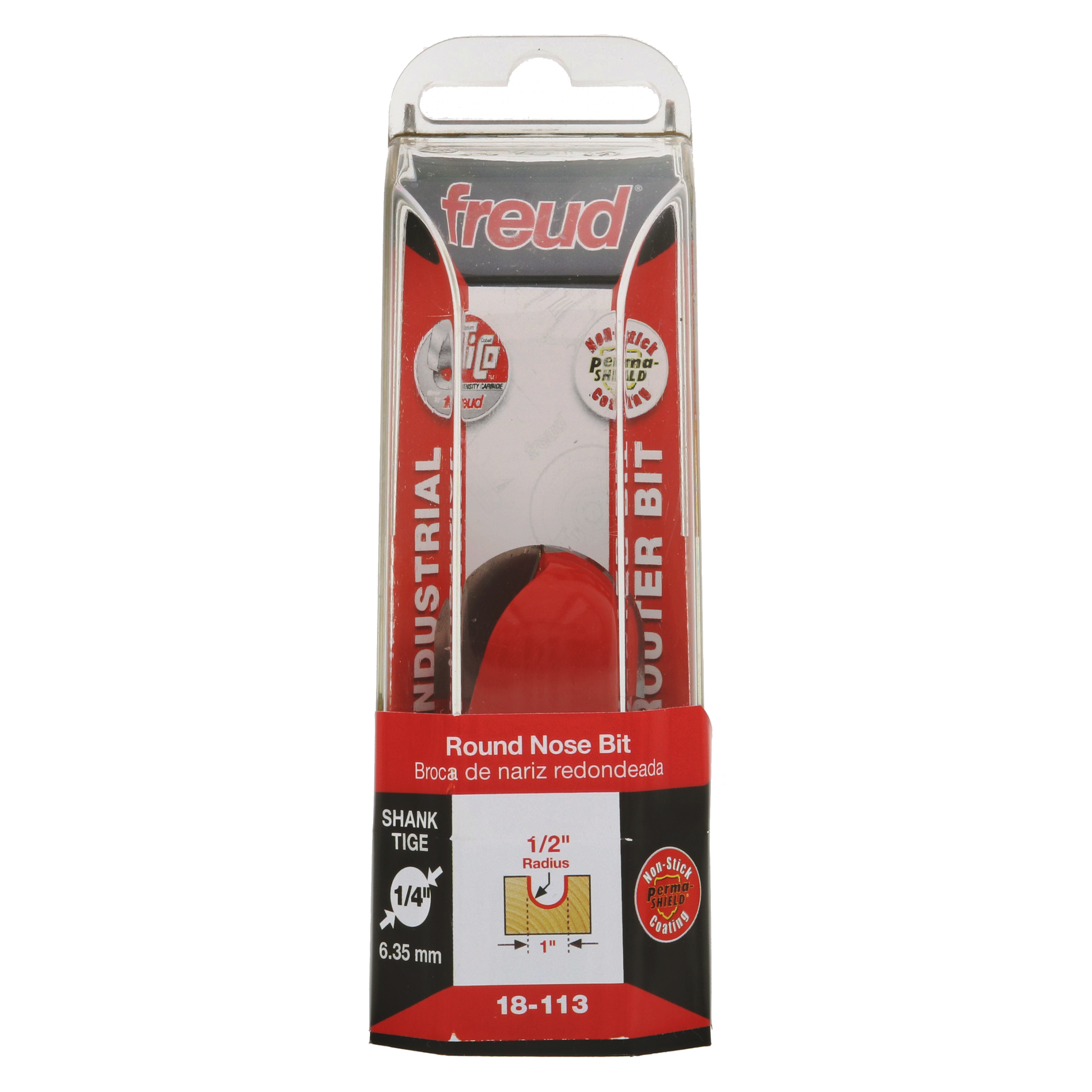 Freud round nose router bit with 1/2" radius in red and clear plastic clamshell packaging labeled 18-113.
