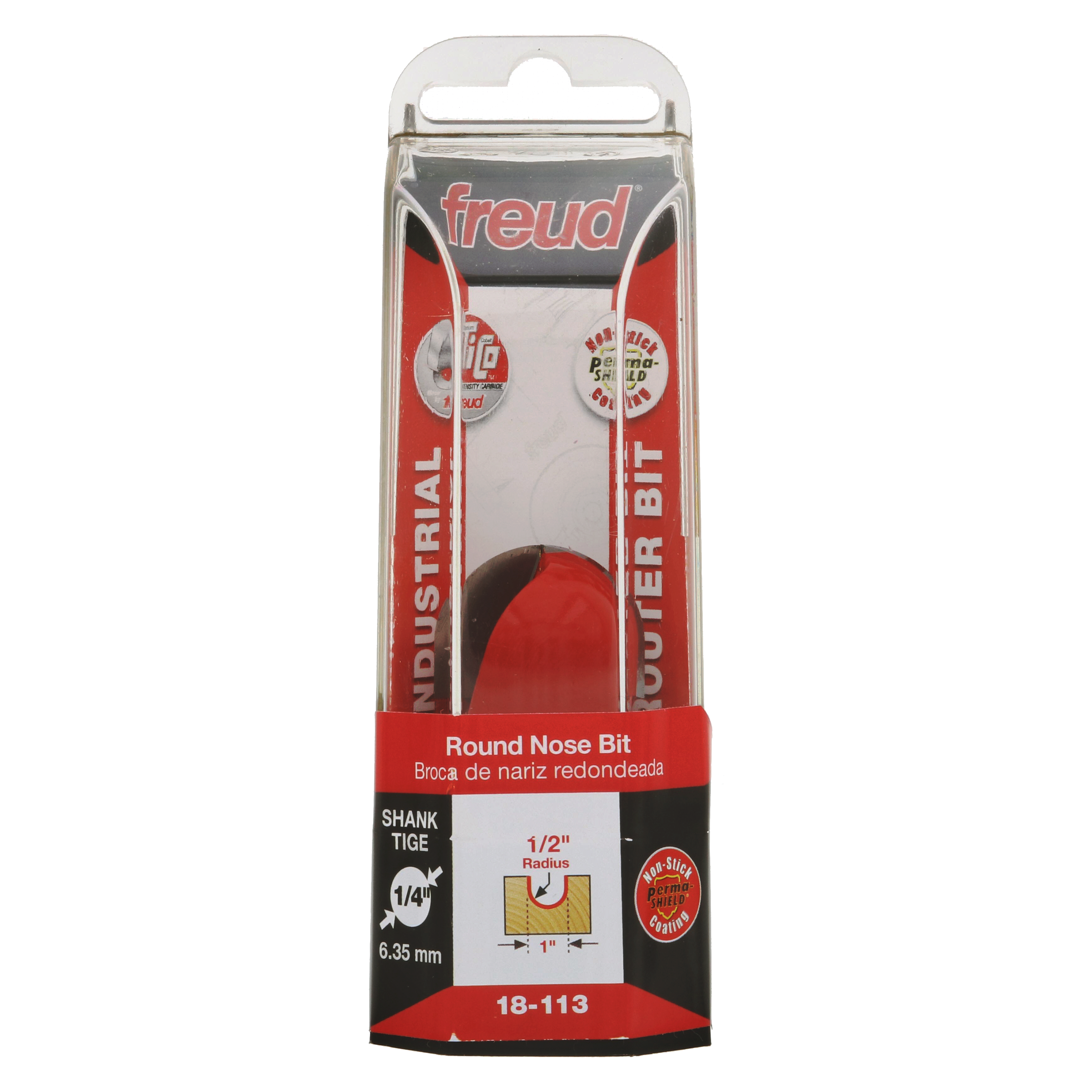 Freud round nose router bit with 1/2" radius in red and clear plastic clamshell packaging labeled 18-113.