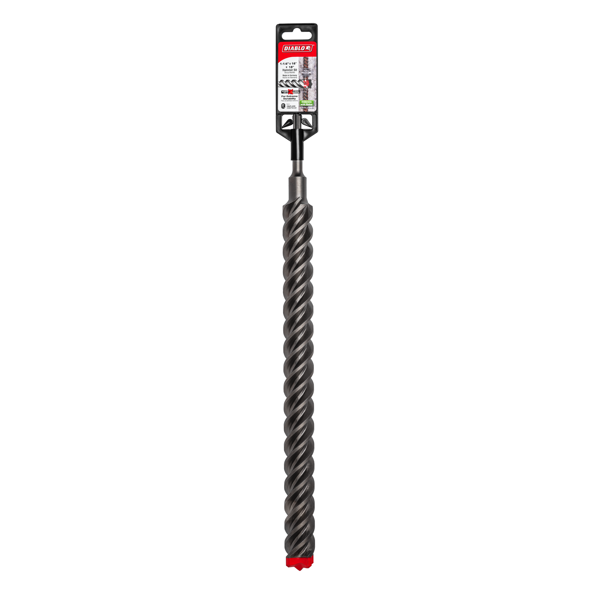 Diablo 1-1/4" SDS-Plus rotary hammer drill bit with black flute design and red tip, packaged in branded header card.