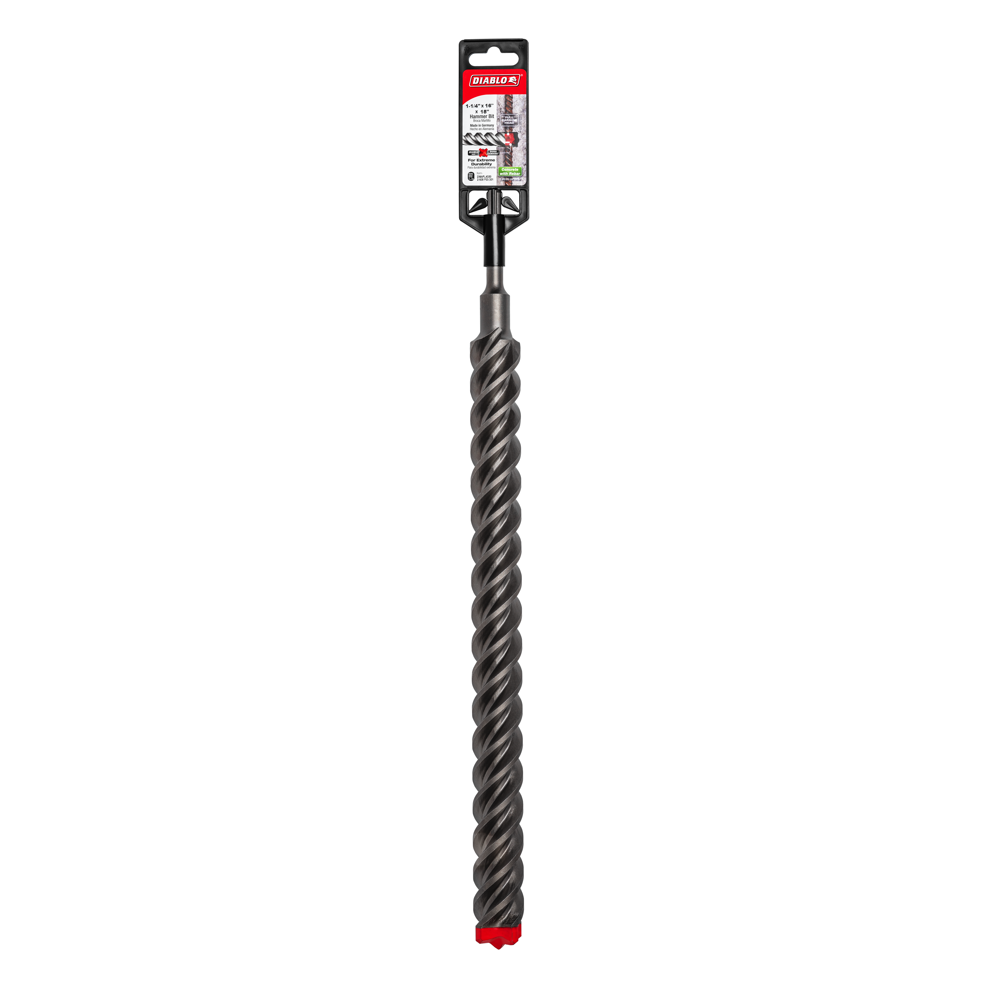 Diablo 1-1/4" SDS-Plus rotary hammer drill bit with black flute design and red tip, packaged in branded header card.