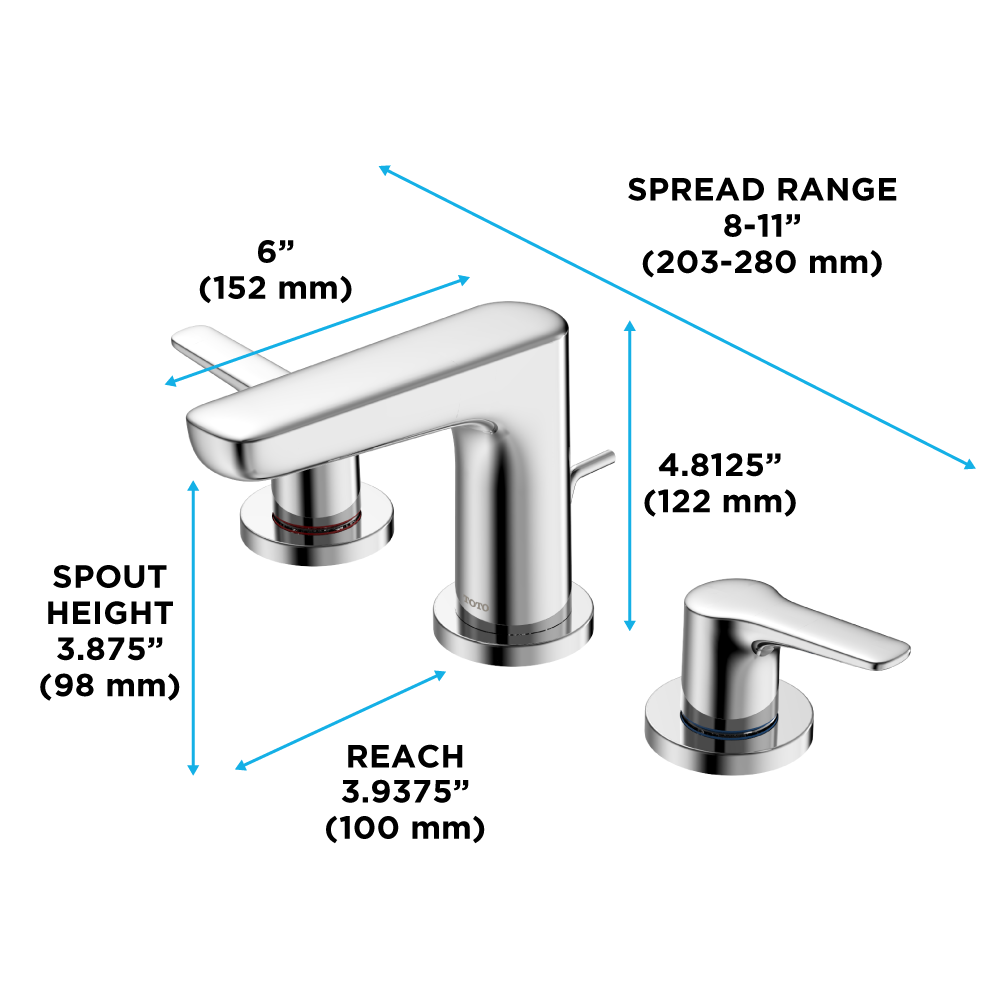 Polished chrome two-handle widespread bathroom sink faucet with curved spout and cylindrical handles, shown with dimension sp
