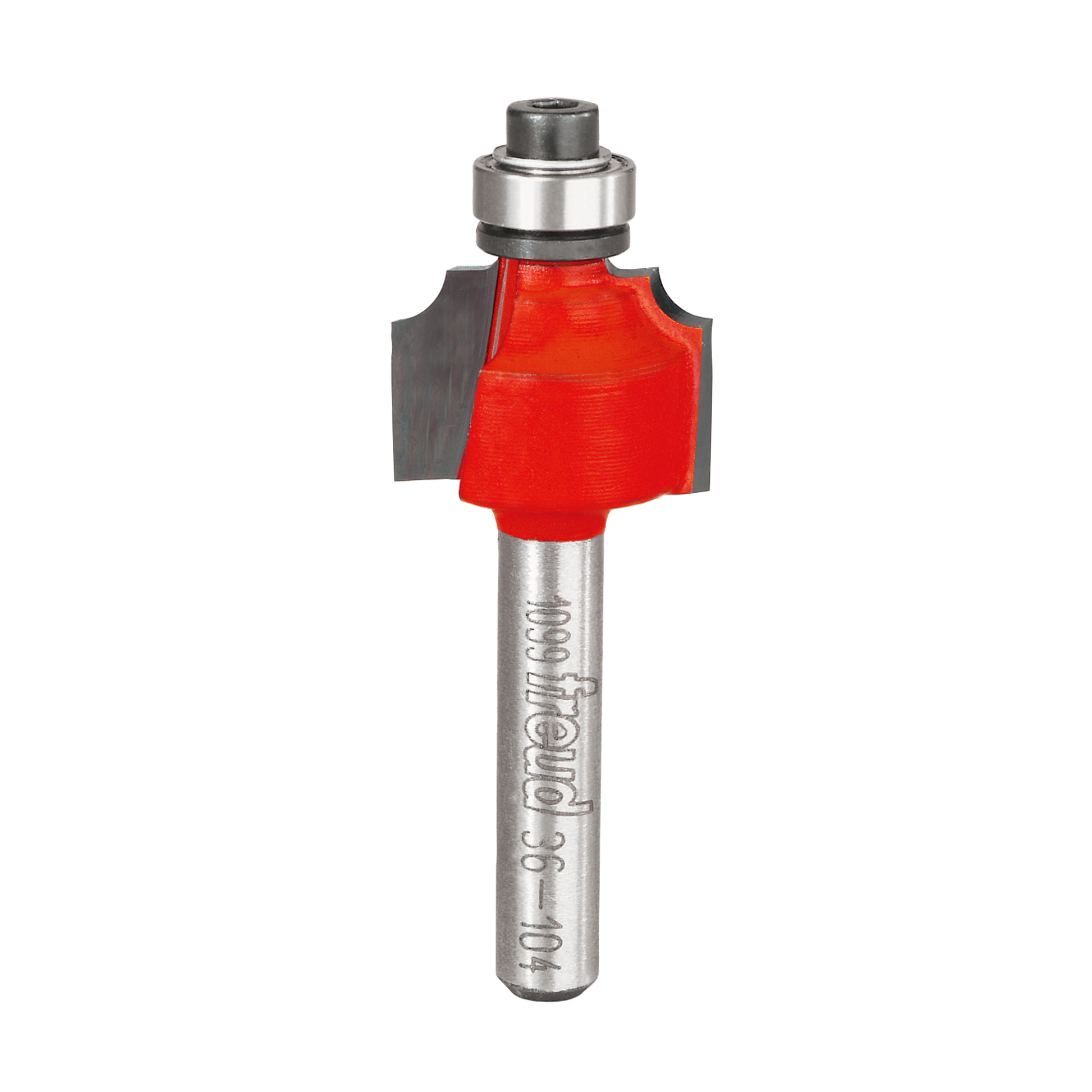 Freud beading router bit with red cutting head, silver shaft, and bearing collar.