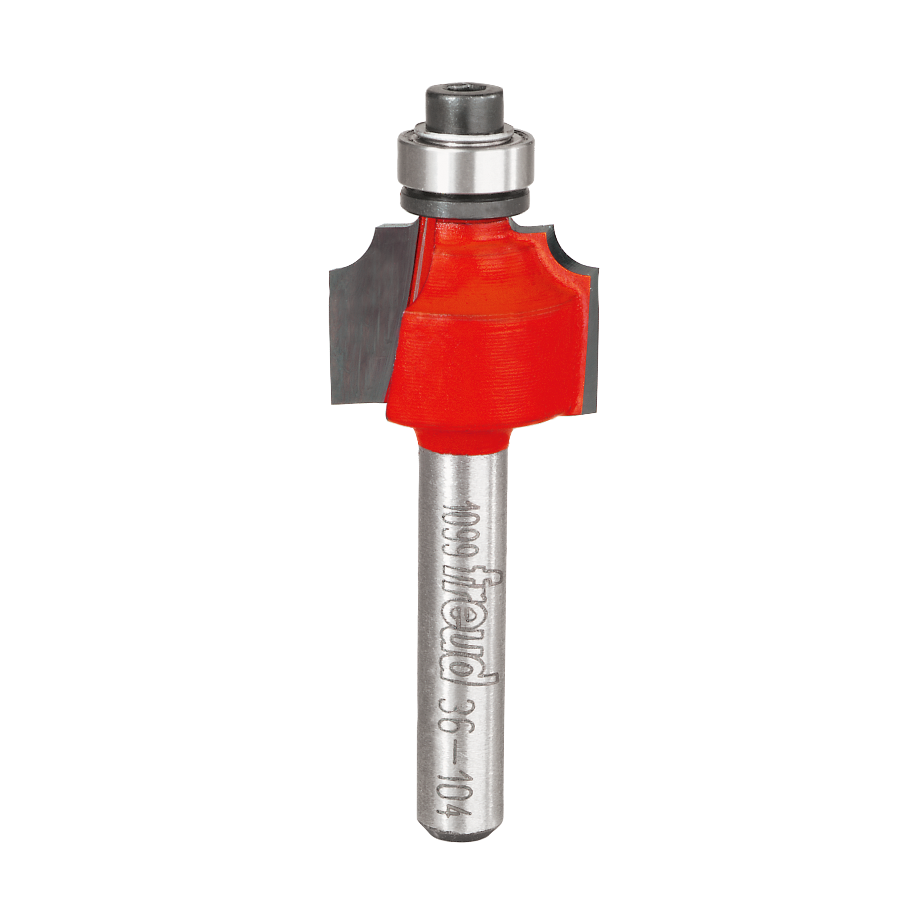 Freud beading router bit with red cutting head, silver shaft, and bearing collar.