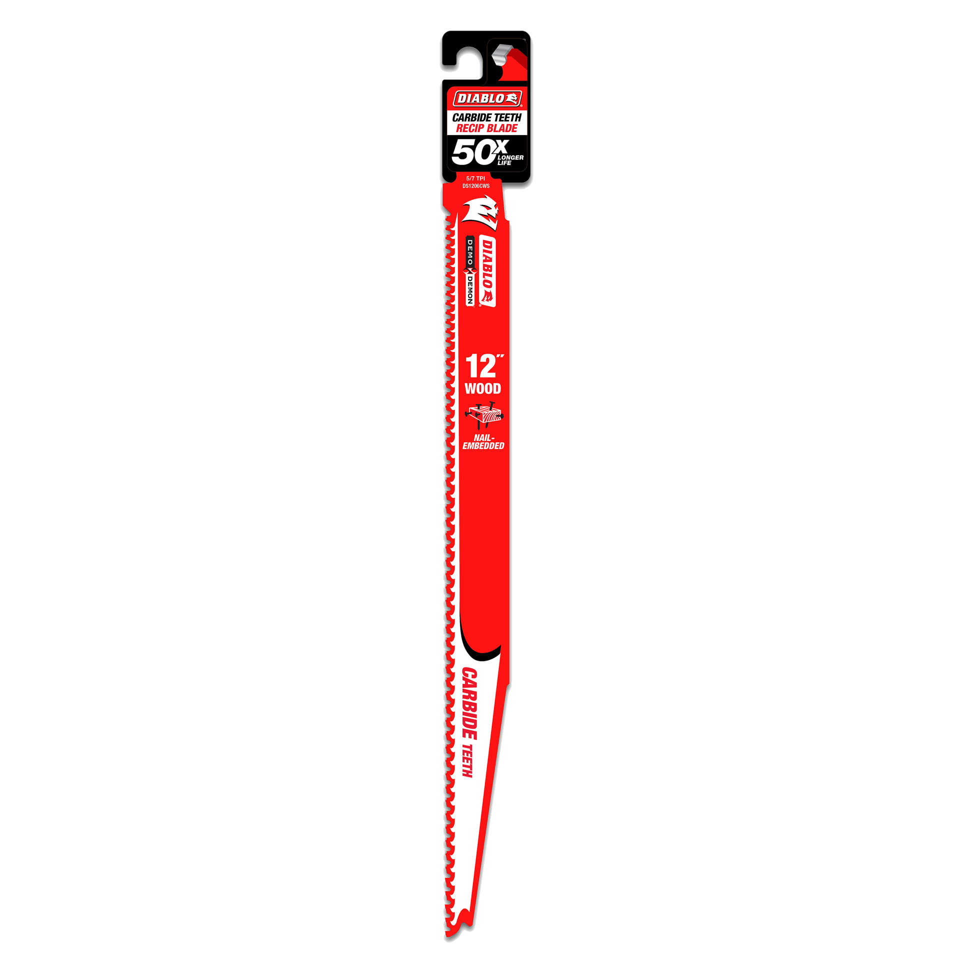 Red Diablo 12-inch carbide reciprocating saw blade with serrated cutting edge and black packaging label at top.