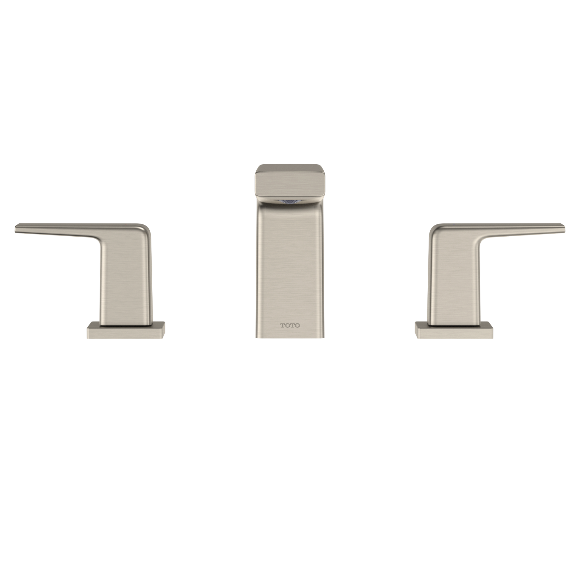 Brushed nickel two-handle Roman tub filler trim with center spout and rectangular lever handles.