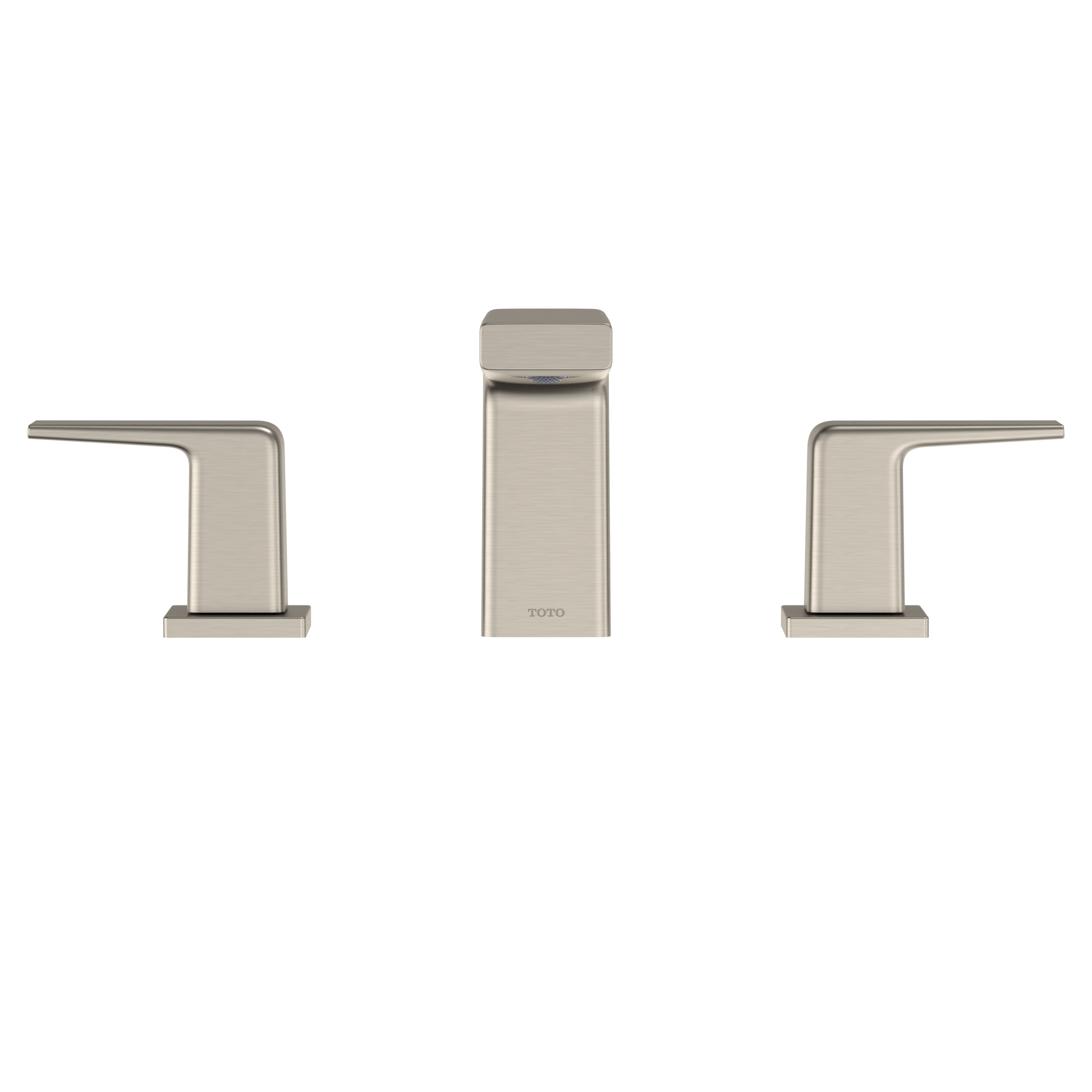 Brushed nickel two-handle Roman tub filler trim with center spout and rectangular lever handles.