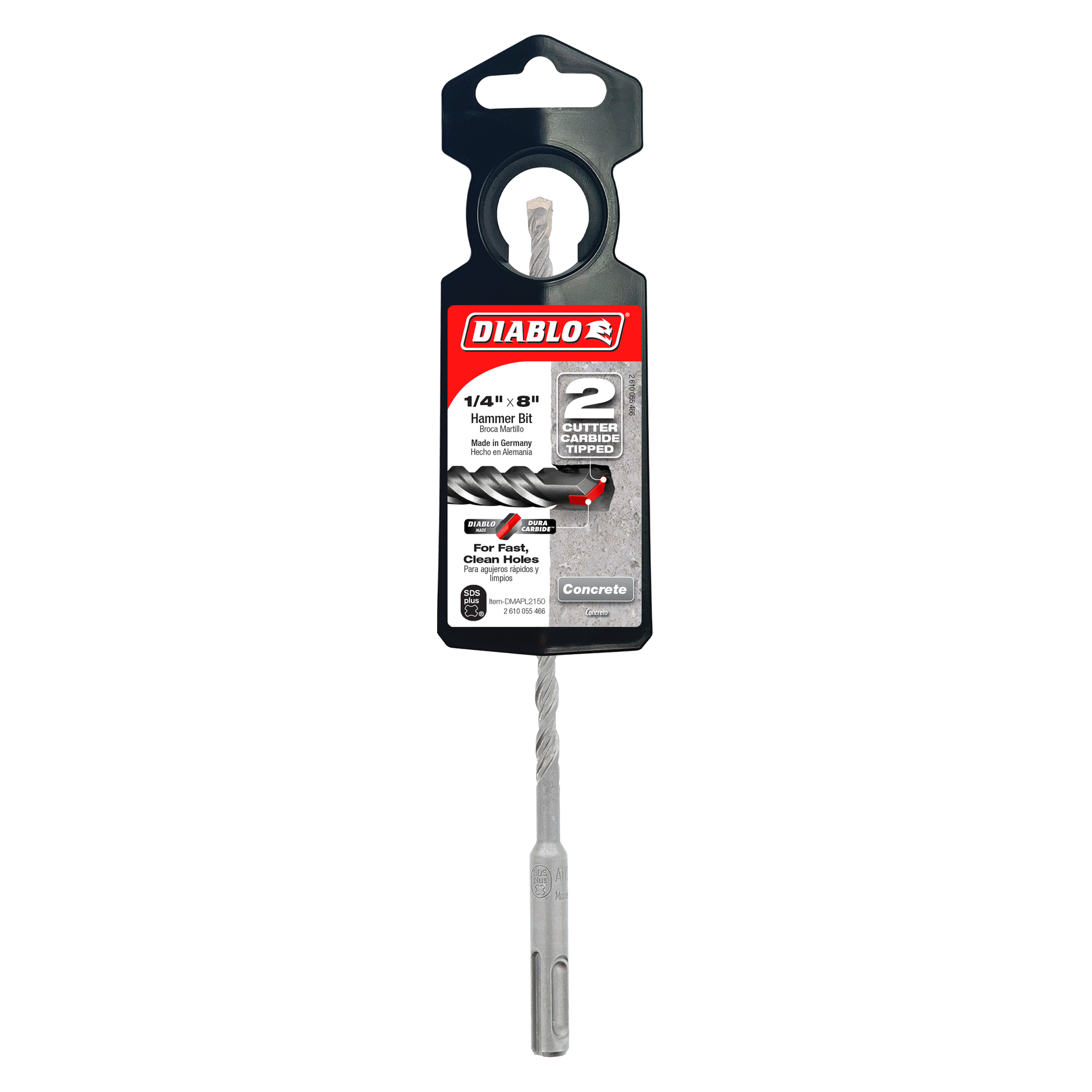 Diablo 1/4 inch SDS-Plus hammer drill bit with two cutting edges in black packaging.