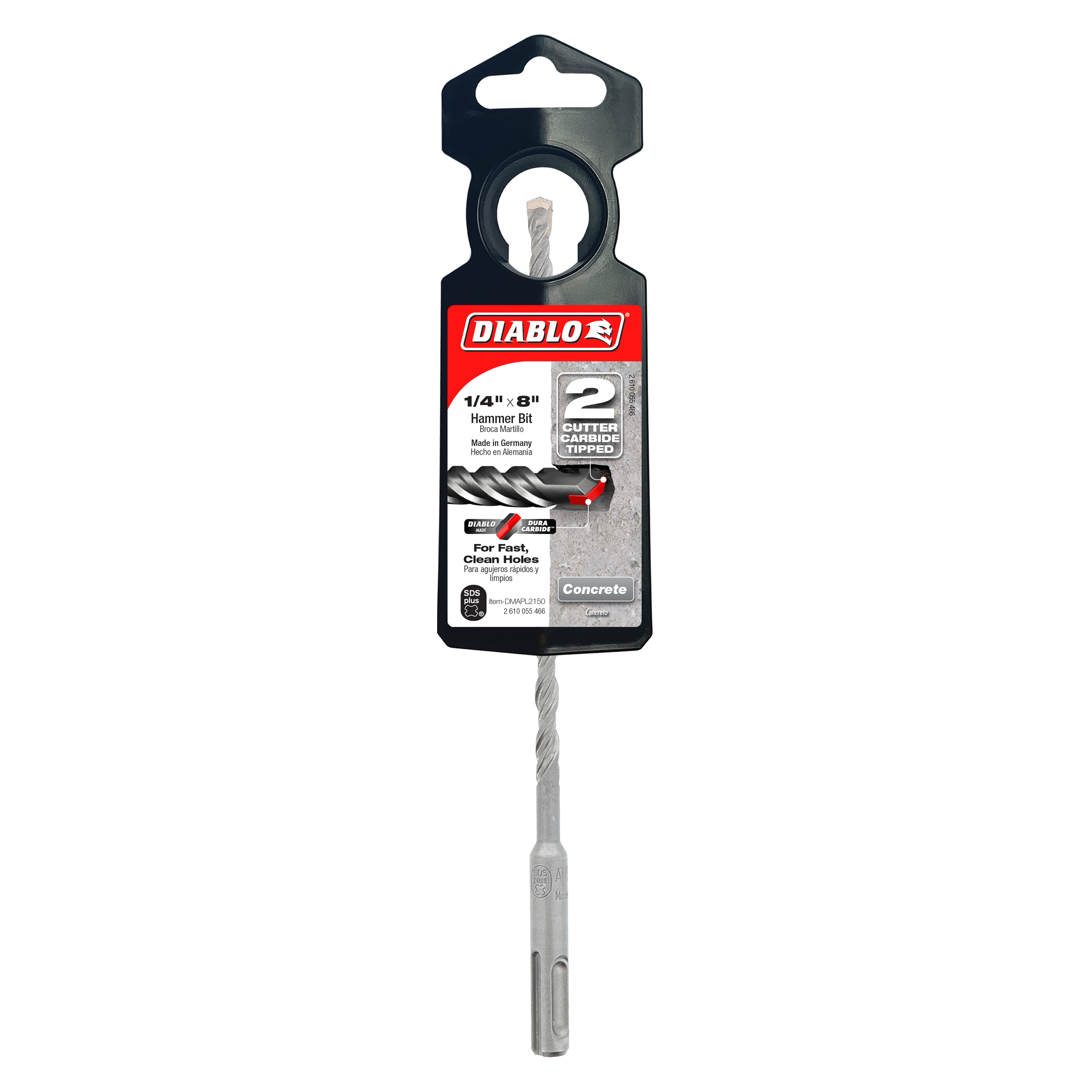 Diablo 1/4 inch SDS-Plus hammer drill bit with two cutting edges in black packaging.