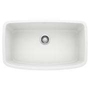 White single-basin undermount kitchen sink with rounded rectangular shape and chrome drain strainer.