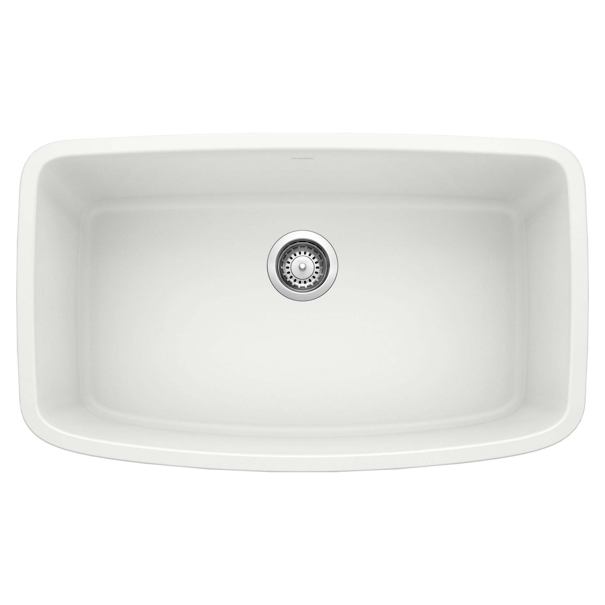 White single-basin undermount kitchen sink with rounded rectangular shape and chrome drain strainer.