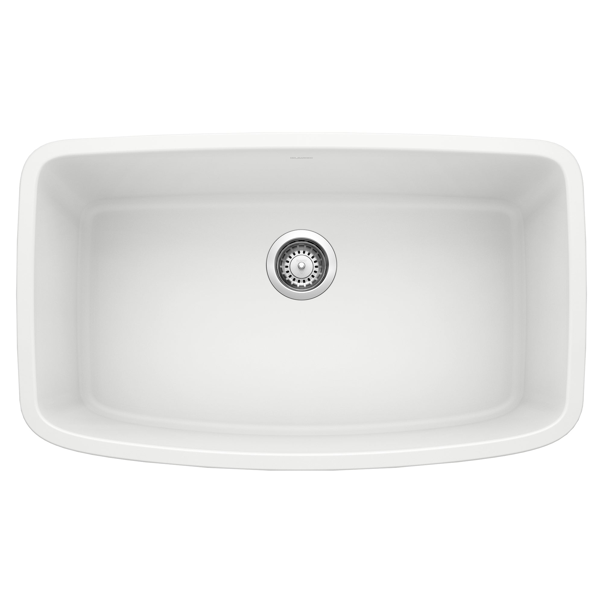 White single-basin undermount kitchen sink with rounded rectangular shape and chrome drain strainer.