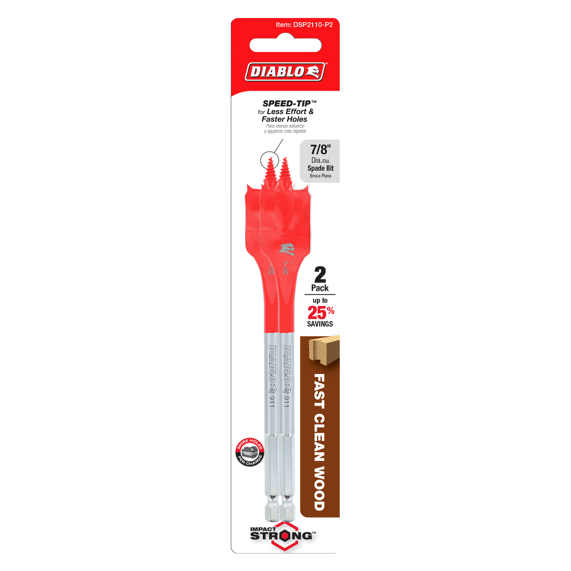 Two red and gray 7/8 inch Diablo spade bits with Speed-Tip design on retail packaging.