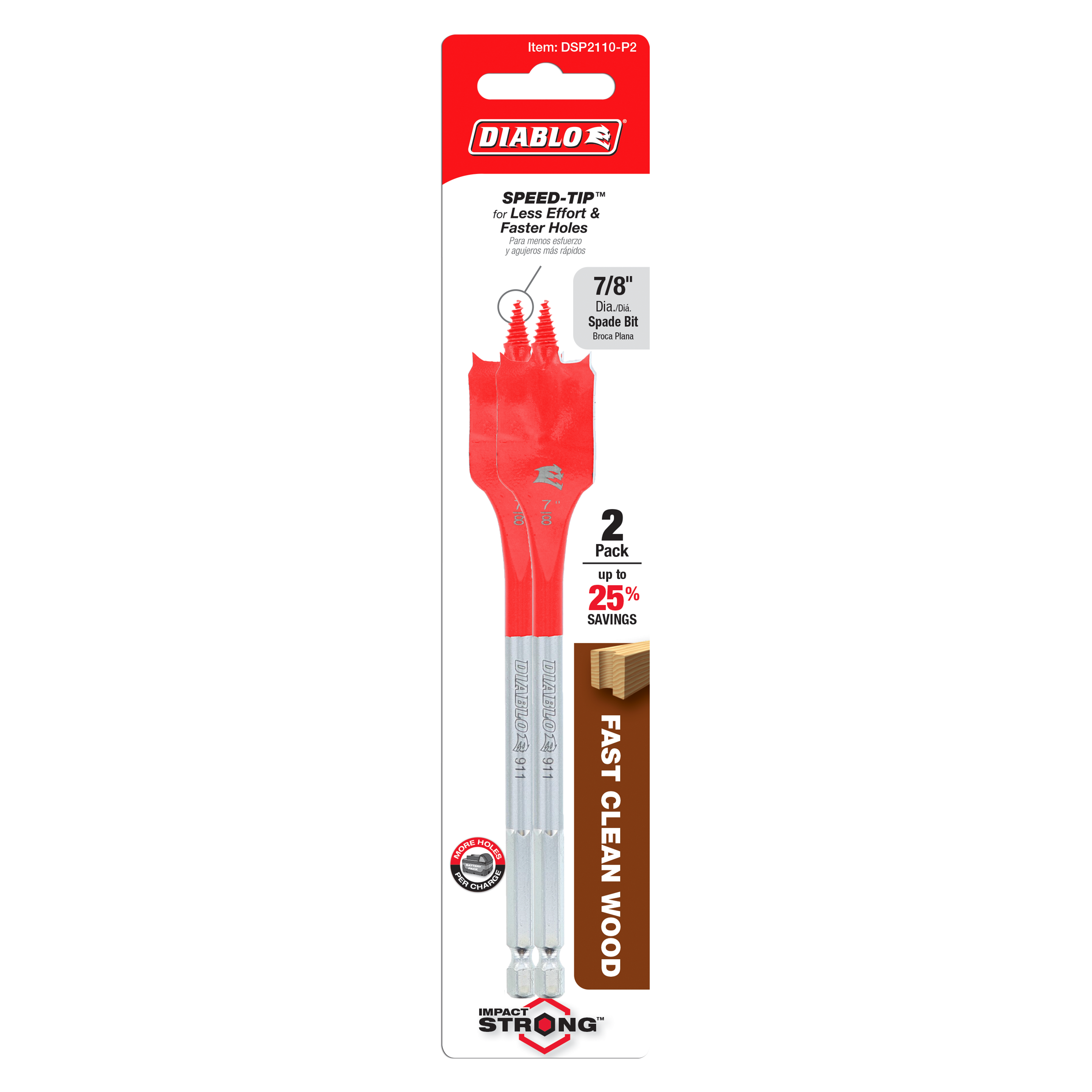 Two red and gray 7/8 inch Diablo spade bits with Speed-Tip design on retail packaging.