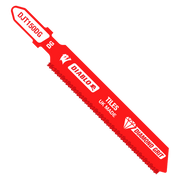 Red Diablo jig saw blade with diamond grit cutting edge and T-shank connection, labeled for tile cutting.
