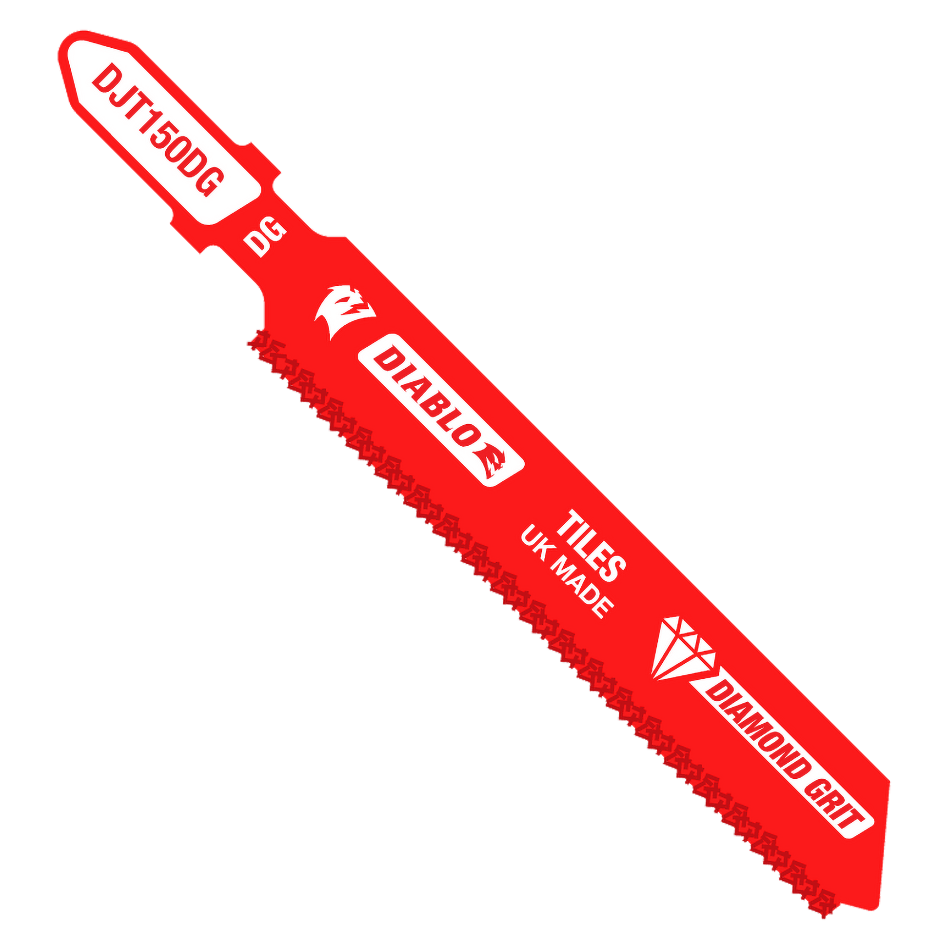 Red Diablo jig saw blade with diamond grit cutting edge and T-shank connection, labeled for tile cutting.