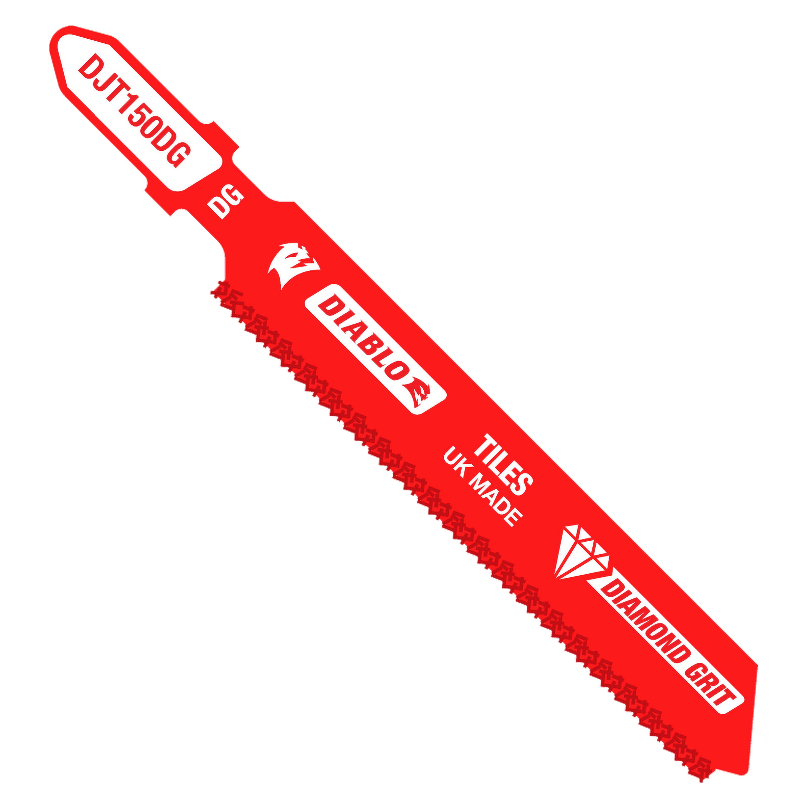 Red Diablo jig saw blade with diamond grit cutting edge and T-shank connection, labeled for tile cutting.
