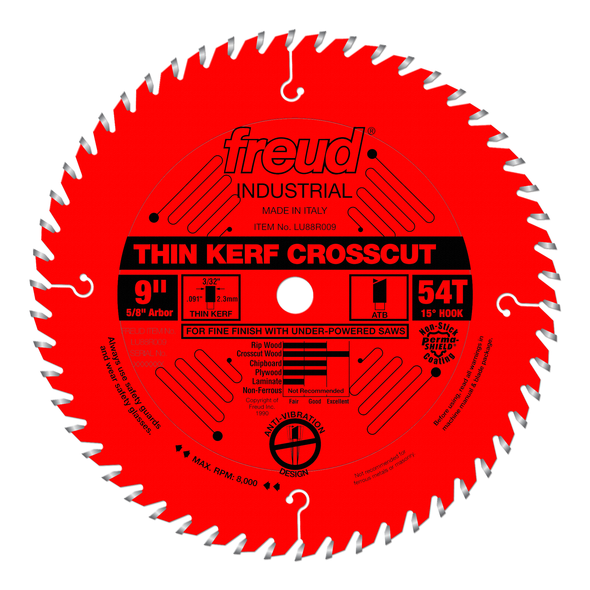 Red circular saw blade with 54 teeth, silver-tipped teeth around the edge, white center hole, and black label marking "Thin K