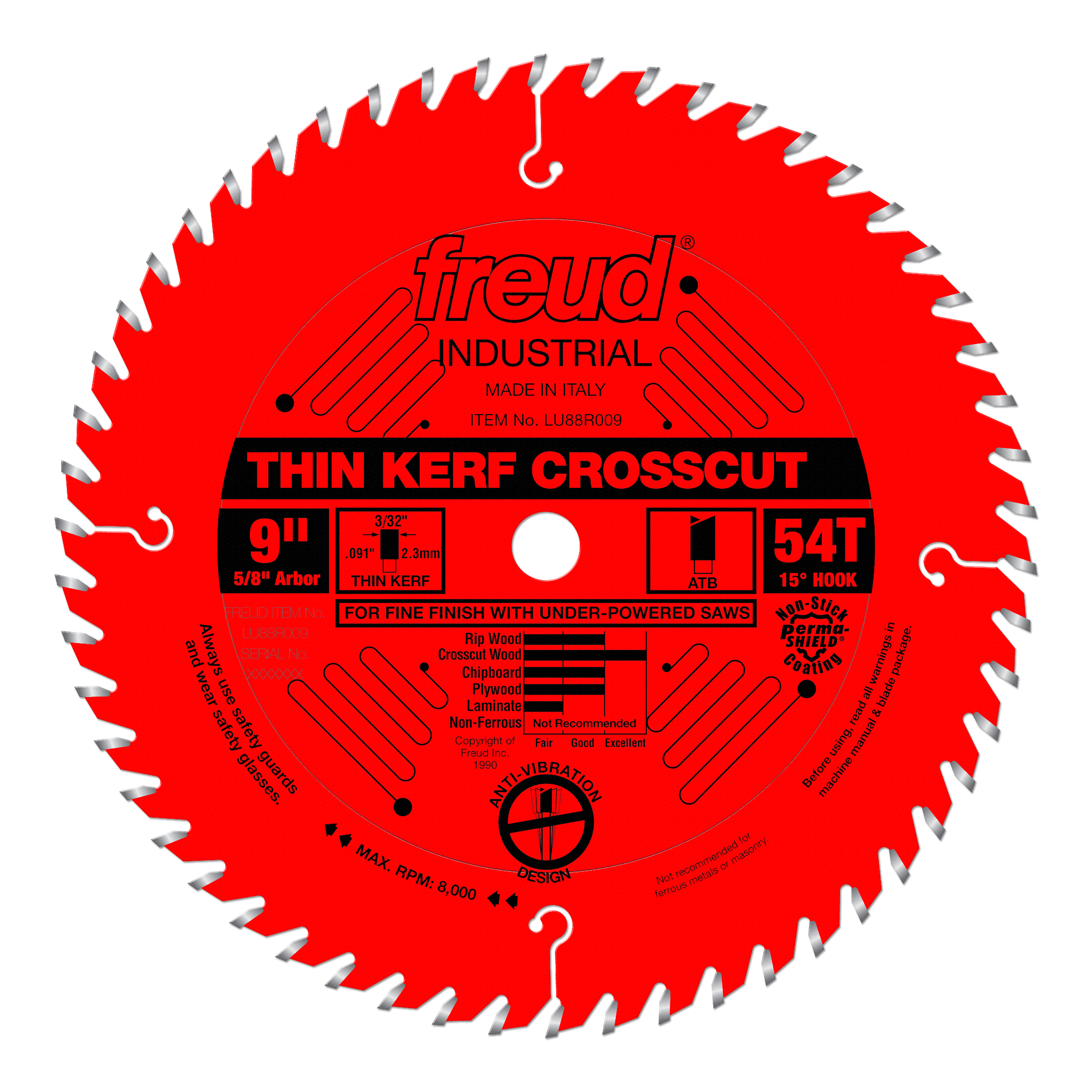 Red circular saw blade with 54 teeth, silver-tipped teeth around the edge, white center hole, and black label marking "Thin K