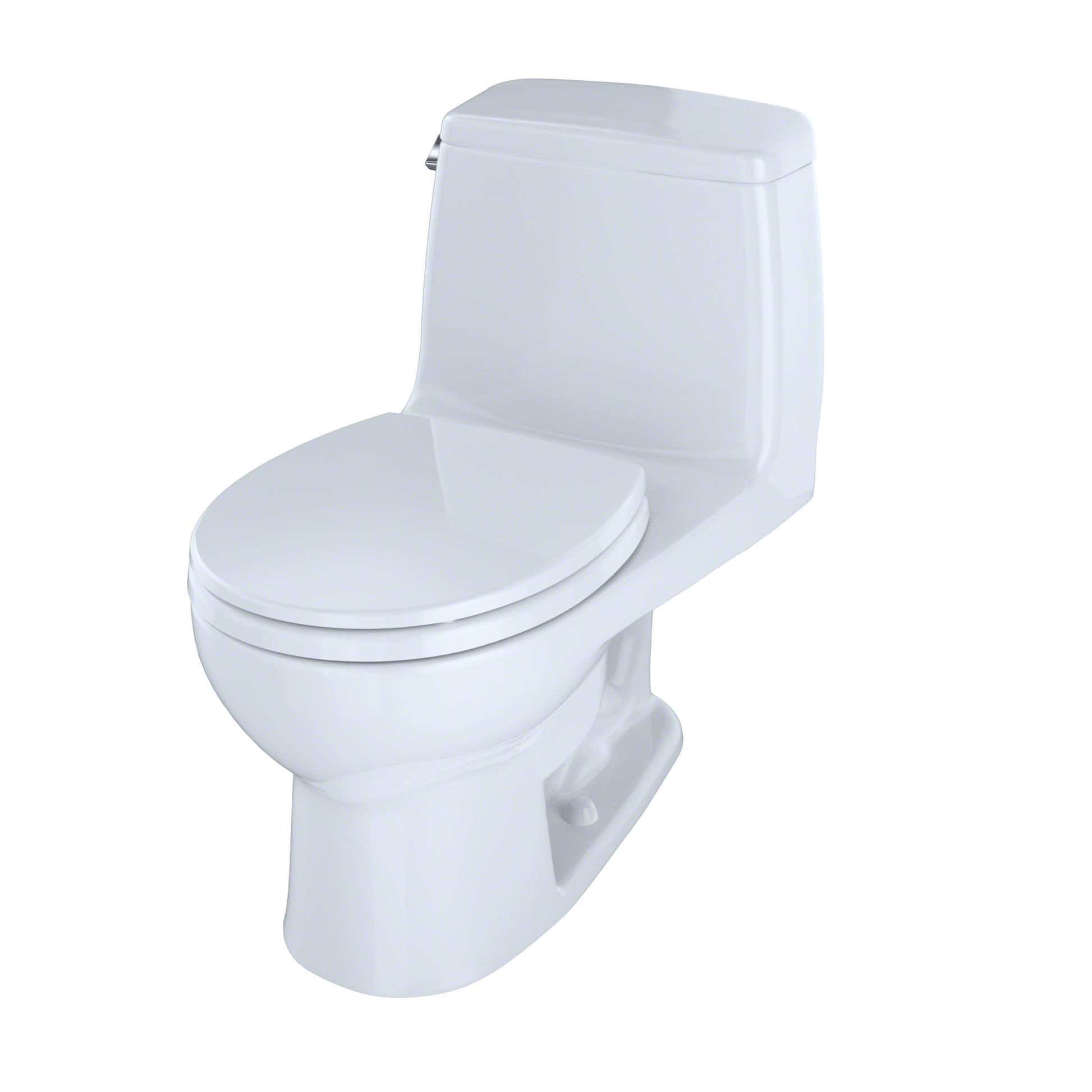White one-piece round toilet with soft-close seat and integrated tank.